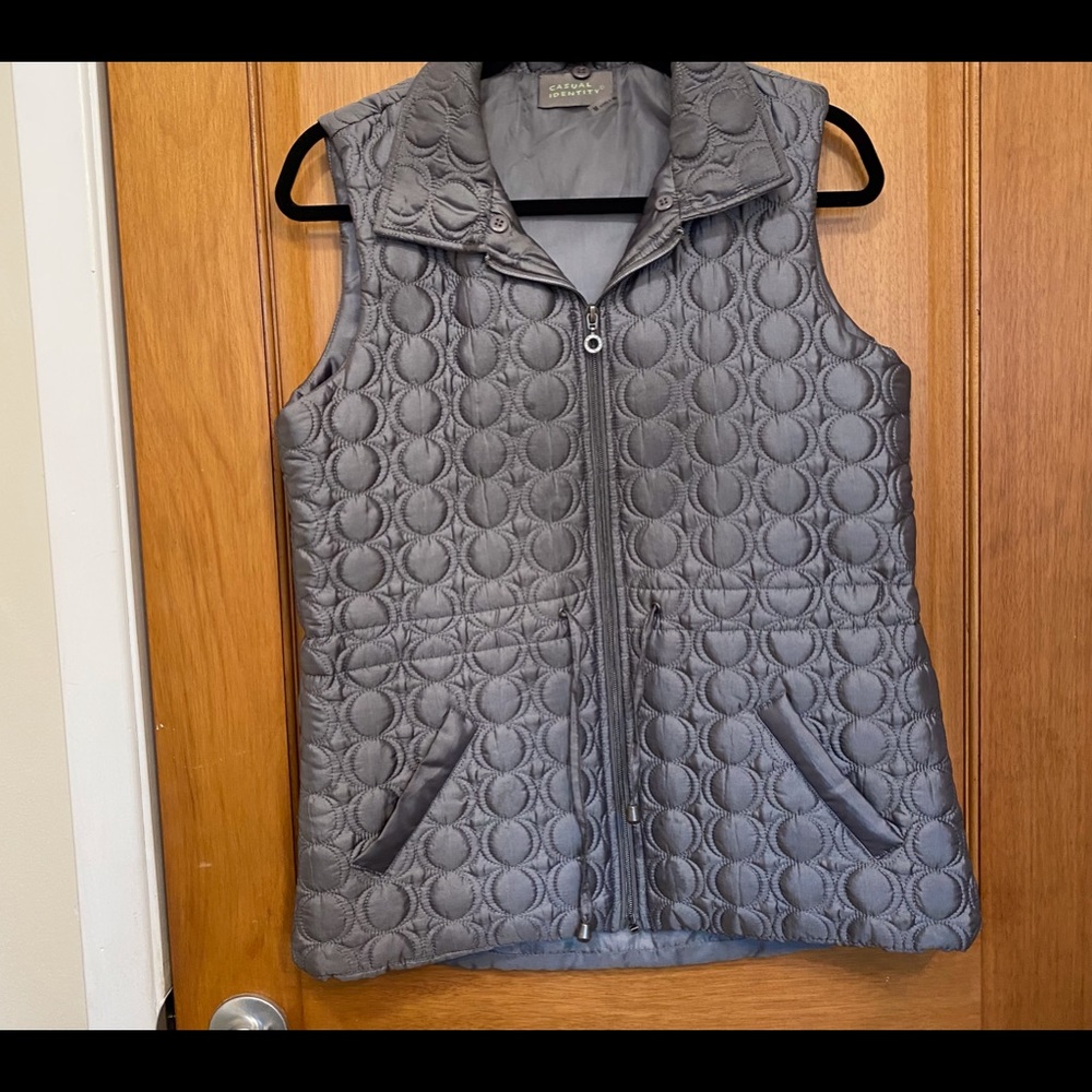 Dressy metallic pewter grey vest with removable faux fur collar